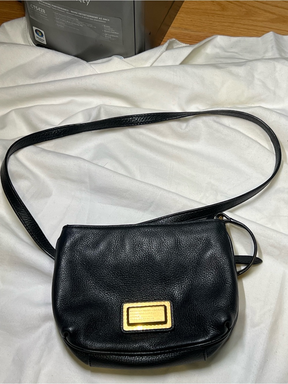 Marc Jacobs Black Leather Crossbody with Gold Plaque